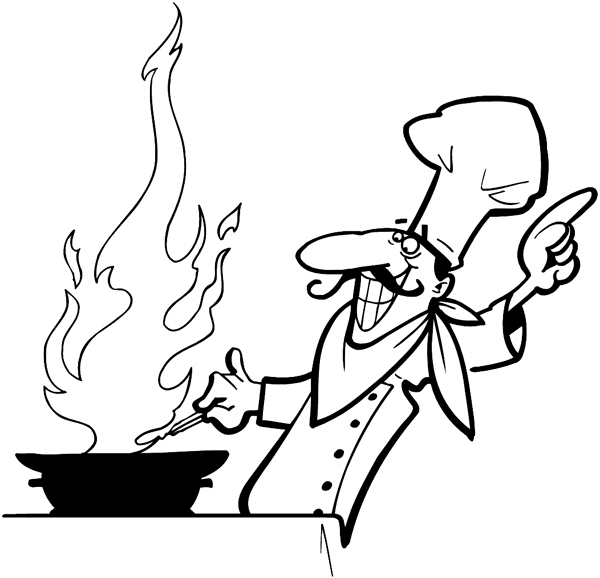 Chef with flaming pan vinyl decal. Customize on line. Restaurants Bars Hotels 079-0429